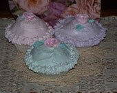 3 Victorian Romantic Shabby Cottage Pink, Purple, Aqua Fake Cupcakes  Handmade pink Roses home decor, house staging, photo props, or display