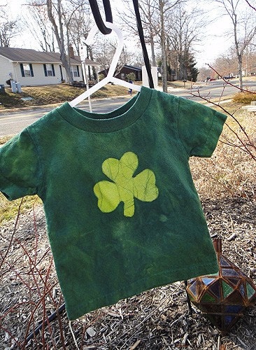 SALE Baby T-Shirt: Green with Batik Lucky Shamrock, Short Sleeves (12 months) Ready to Ship