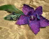 Purple Peacock Feather and Flower Fascinator with Rhinestone Button