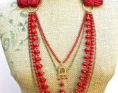 Carmen- tie necklace with Ruby Quartz, Vintage Filigree medallion, and Silk Rose Epaulettes and ties