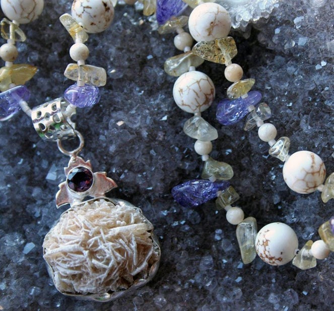 MOONLIT BEACH Necklace (Desert Rose, Amethyst, Magnesite, Purple Ice Flake Quartz, Golden Rutilated Quartz, River Stone)