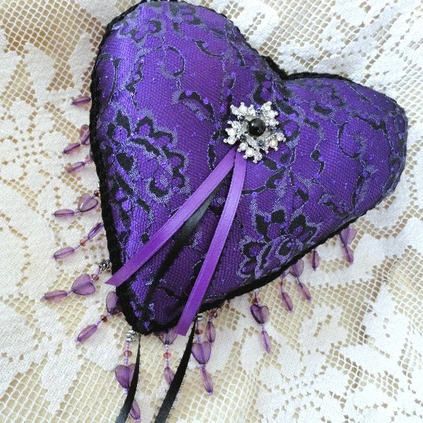 Purple Lace-Satin Heart Ring Pillow-Jinx-Perfect For Dark Wedding-Goth-OOK