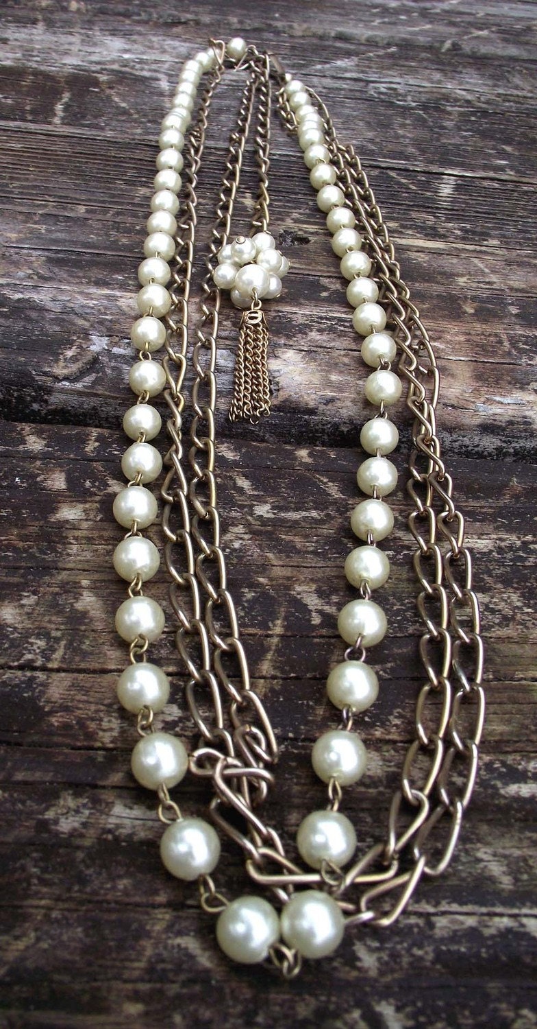 VintageGold Tone Chain with Faux Pearls Triple Chain