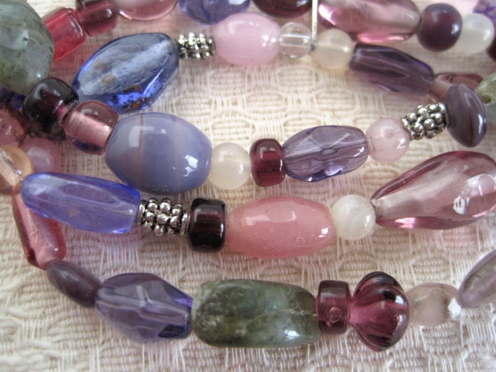 Rose Glass bead and Moonstone Triple Strand Necklace