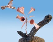 Hummingbird and Trumpet Bush Copper and Cholla Cactus Wood Sculpture