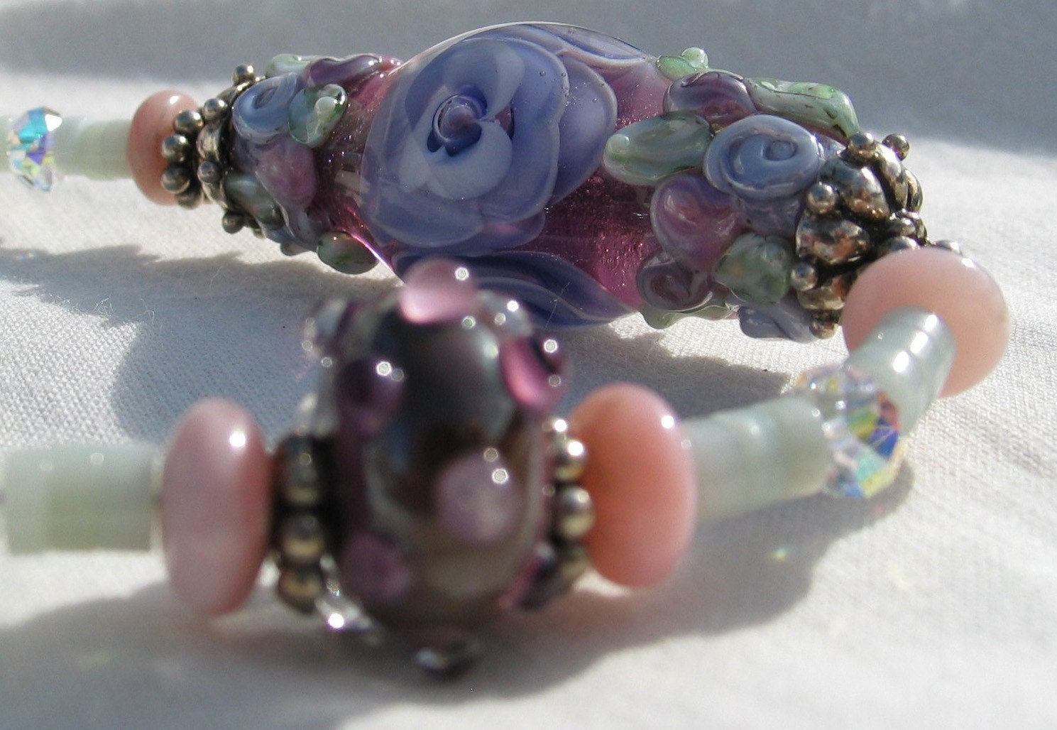 Pastel Green and Violet Lampwork Flower Necklace