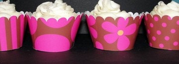 Brown and Pink Flower Cupcake Wrappers