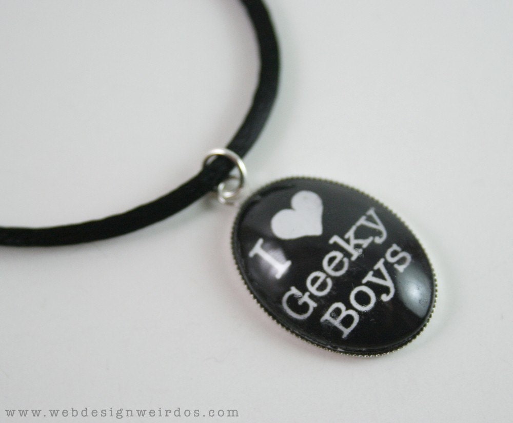 I Love Geeky Boys Necklace. I Heart Geeky Boys glass pendant on black cord. Geek Jewelry.