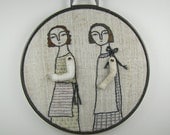 hand embroidery hoop art - girls in aprons-  in lavender, celery and gray, framed wall hanging