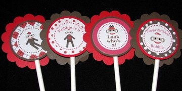 Personalized Boy Sock Monkey Birthday Party Cupcake Toppers