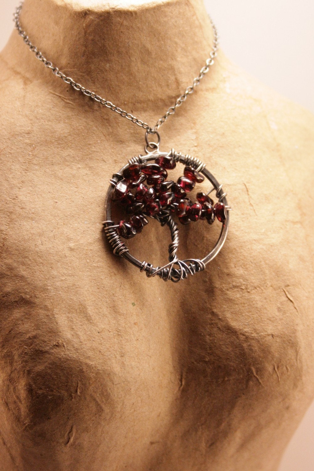 Ashley - purple garnet chip and oxidized sterling silver tree of life pendant necklace