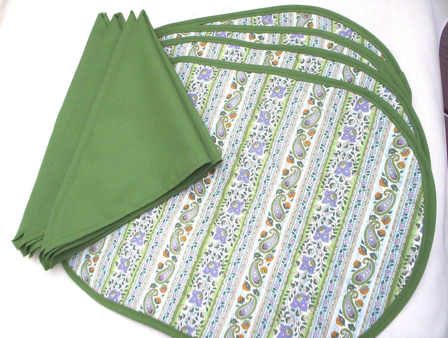 Paisley Placemats in Quilted Fabric of Olive Green, Lavender, Blue, Orange, Pink and White.  Set of 4 with Olive Green Napkins