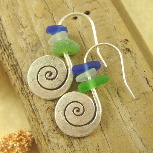 Genuine Sea Glass and Hill Tribe Silver Swirl Dangle Earrings