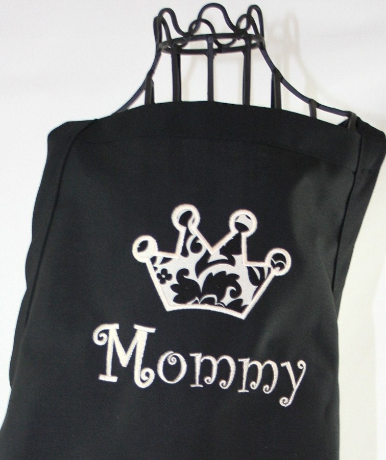 Damask Black & White Crown Applique Personalized Apron - with Ribbon and Pockets - Embroidered  Monogrammed