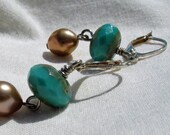 Turquoise and Gold Pearl Drop Beaded Earrings