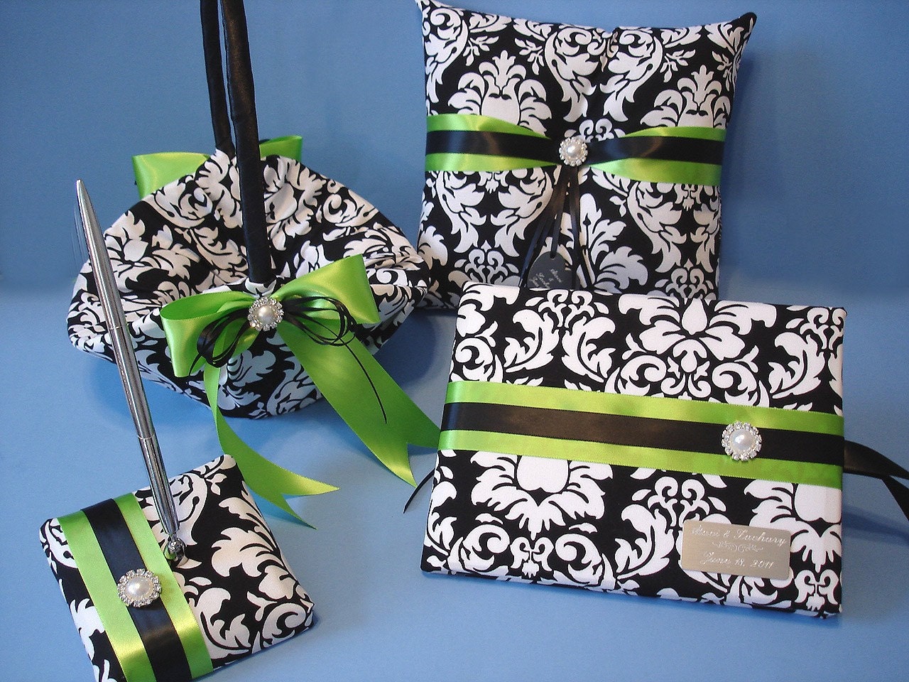 Damask Wedding Accessories, Guest Book, Pen, Flower Girl Basket, Ring Bearer Pillow in Lime Green with Personalized Engraving