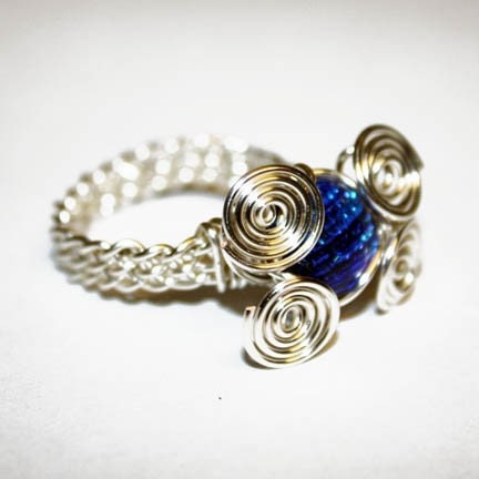 Wire Weaved Wrap Blue Fused Dichroic Art Glass Cabochon Ring - Size 8