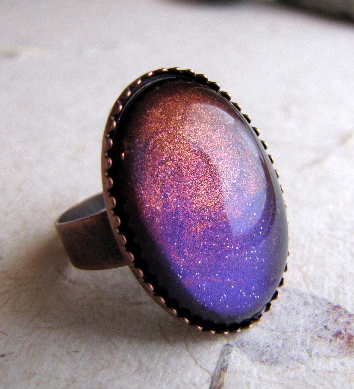 SUMMER SALE Purple and Copper Cocktail Ring in Antiqued Copper
