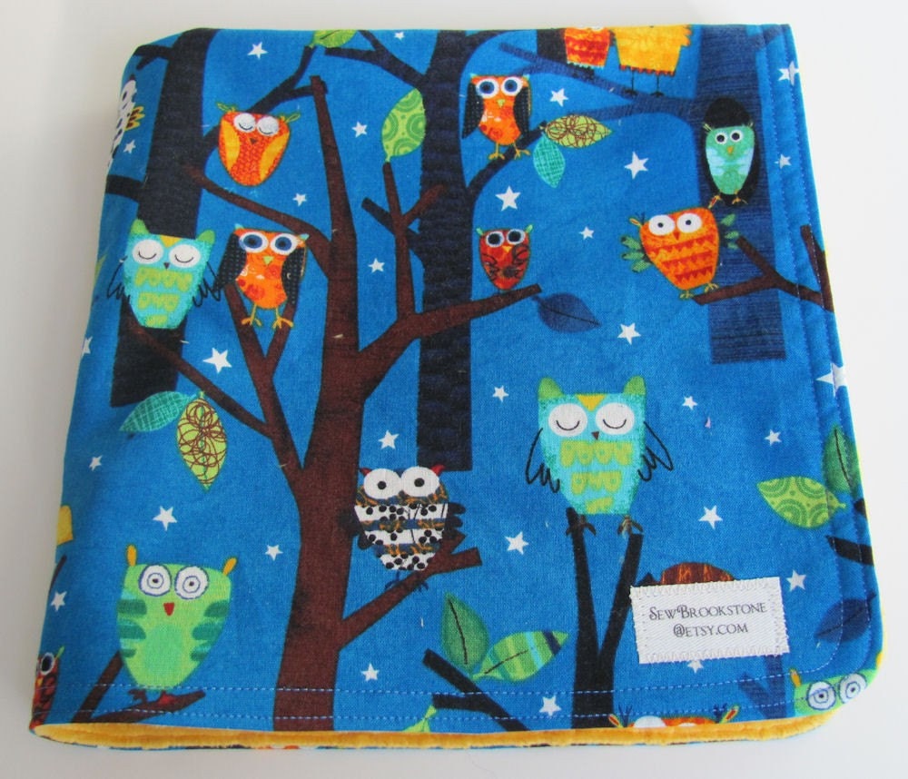 Night Owls Amy Schimler Fabric with  Gold Minky Dot Security Blanket