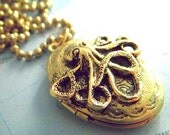 Vintage Locket Necklace Octopus Brass Oval Victorian Steampunk Style Tiny Size