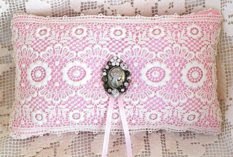 Edwardian Era Silk Ring Pillow-Antique Ivory Lace-Lucious Pink-Cameo Center-ONE OF A KIND
