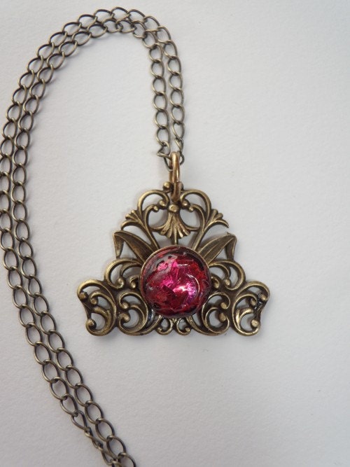 Vintage Style Necklace with Ruby Red Vintage Glass