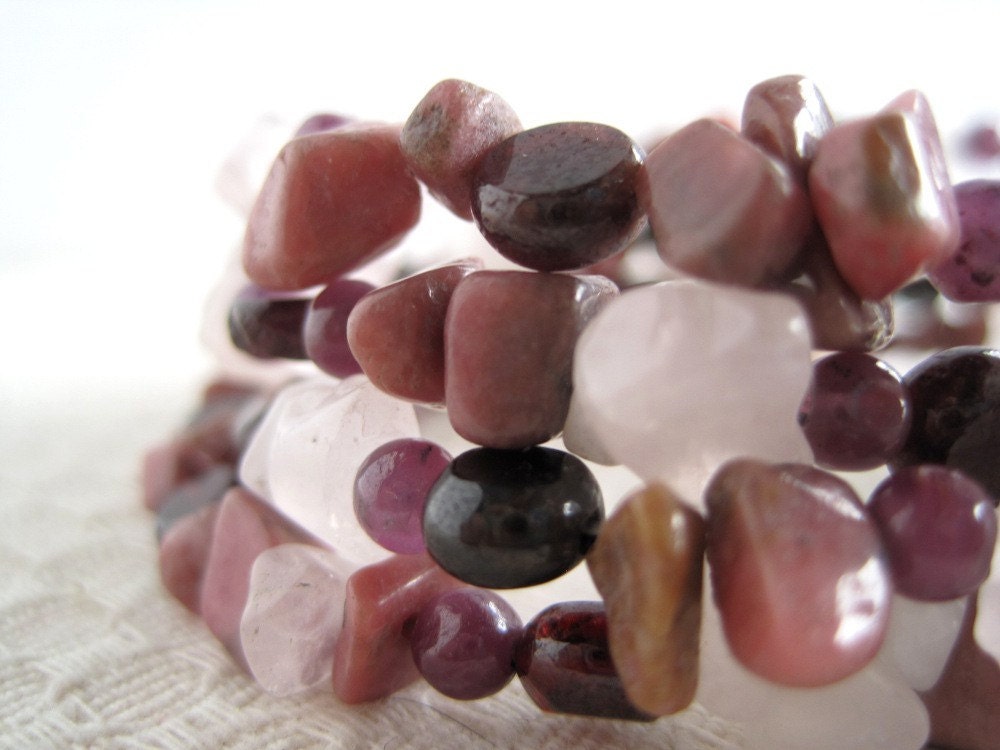 Rose Quartz Rhodonite Bracelet - natural chunky nugget - semi precious - multi strand