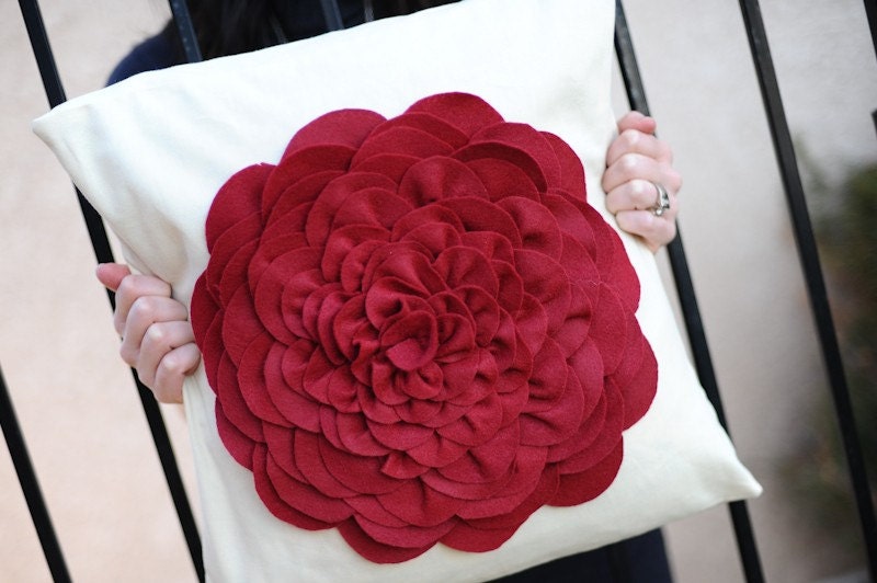 Cherry red felt flower pillow cover 20x20