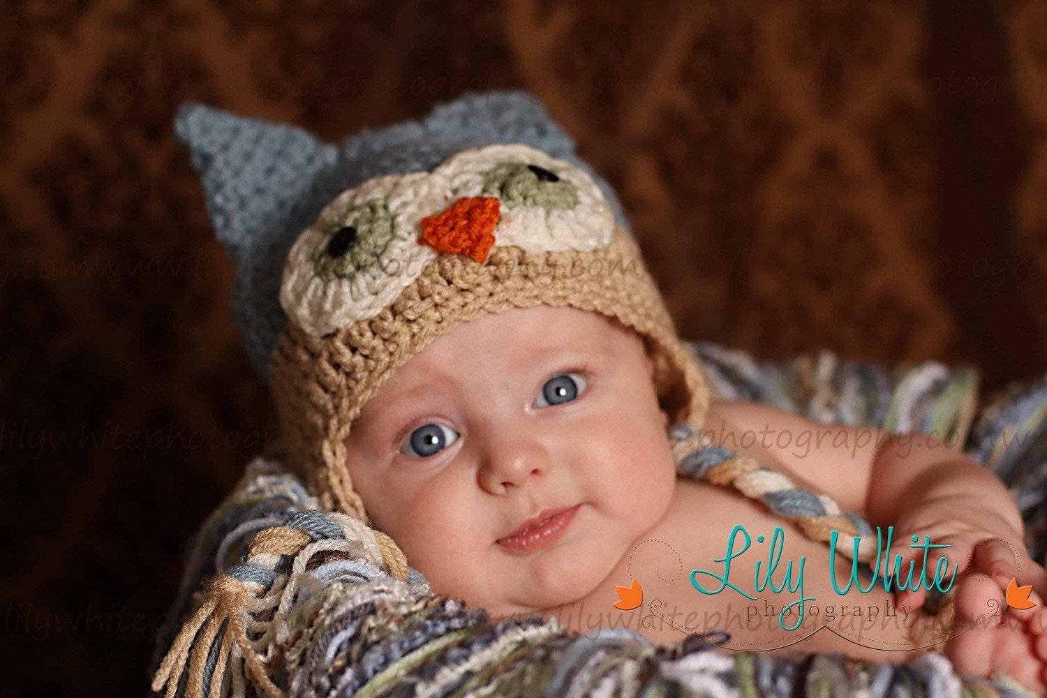 Country Blue and Tan Ear Flap Owl Hat  12-24  Month