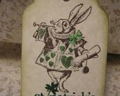 Alice in Wonderland White Rabbit St. Patricks Day - vintage style, shabby chic style, unisex, ephemera, gift tag, bunny, parchment, lucky