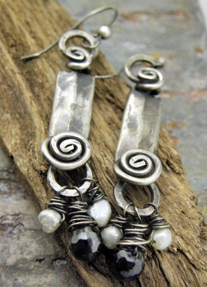 Pearl and Hematite Knockers, Antiqued Sterling Silver, and Faceted CZ brio earrings, ThePurpleLilyDesigns
