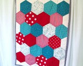 Hand Pieced and Quilted Modern Baby Quilt- Red and Teal Hexagons