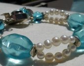 Watery Blue Glass and White Pearl Bracelet - Something Blue