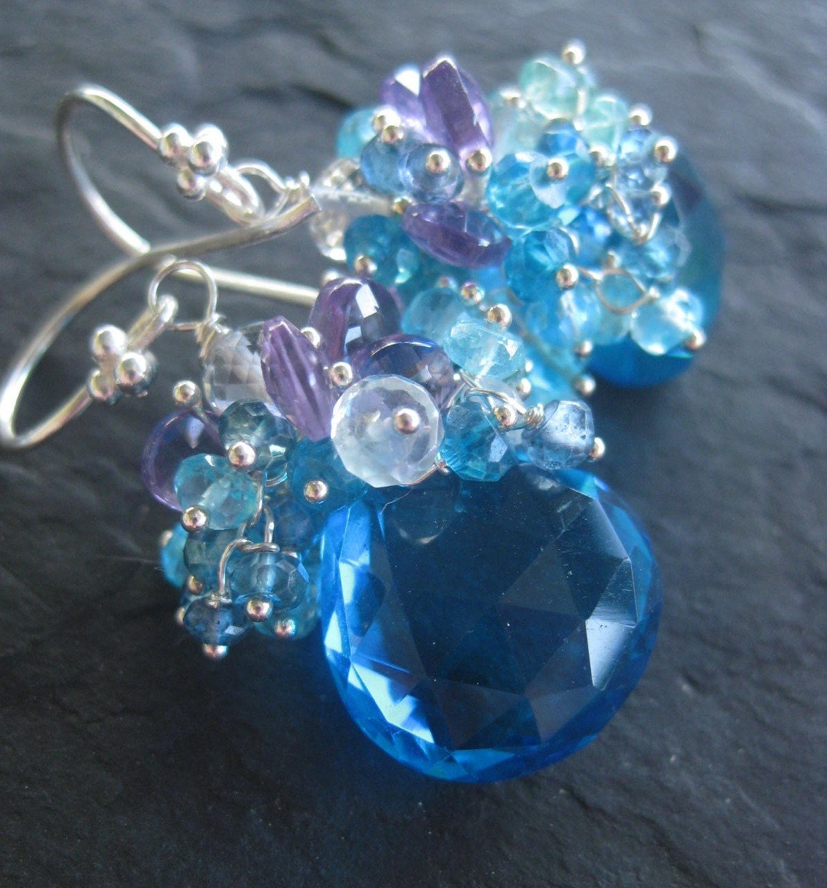 Aquamarine earrings with amethyst and blue quartz --Elettrica--