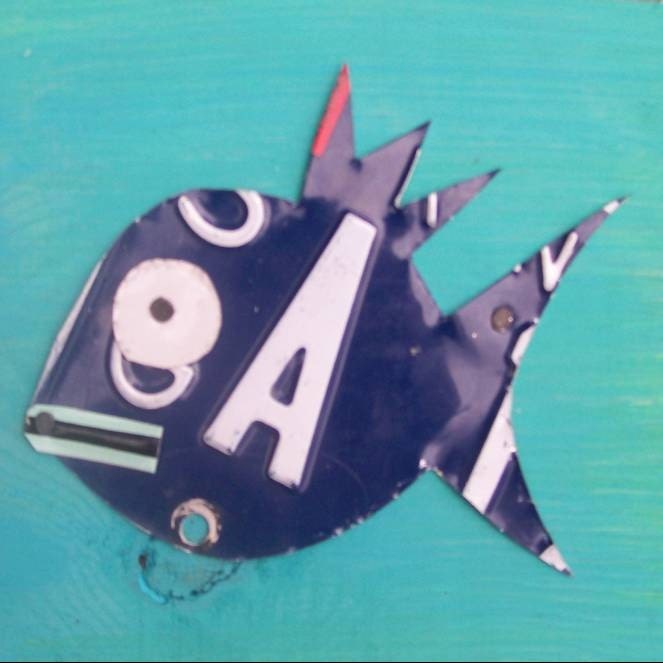 Blue Teal Funky Fish - Recycled License Plate Art - Salvaged Wood - Upcycled Artwork