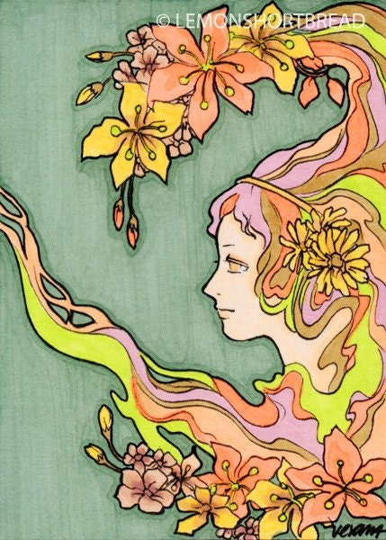 ACEO Nouveau Art Print, Giclee Archival, Sunset Pink Green, Romantic Psychedelic - Limited Edition 1/35