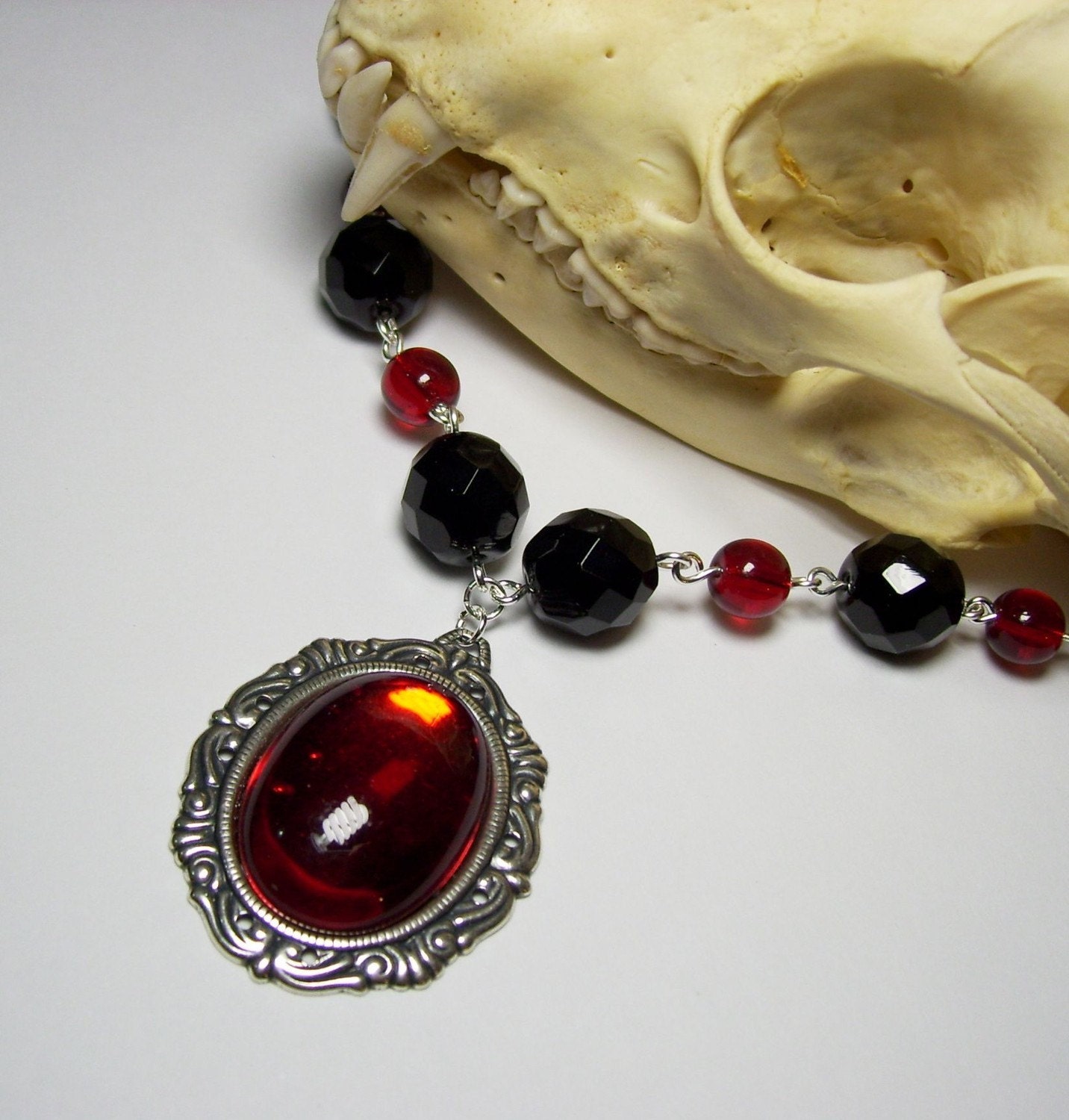Beautiful Antique Silver Genuine Vintage German Glass Ruby Red Cabochon Black Czech Crystal Beads Neo Victorian Steampunk Pendant Necklace