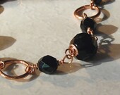 Necklace Jet Black Glass Beads and Solid Copper