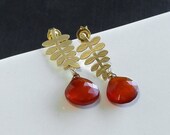 Carnelian Earrings Gold Fern Branch Leaf Handmade - Burning Love - Handmade Winter Fashion