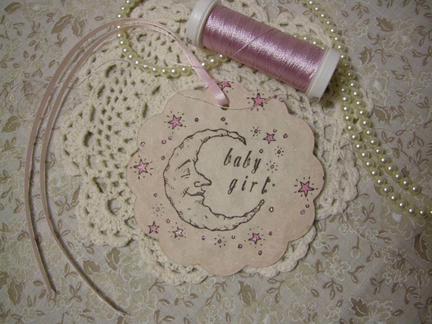 Vintage Style Baby Girl Wish Tags - round scalloped tags - shabby chic style, hang tag, sparkle, gift tag, spun sugar dyed distressed, parchment, old-fashioned, girl, sparkle, sparkly, woman, glitter, moon, star, stars, pink, baby shower - set of 6
