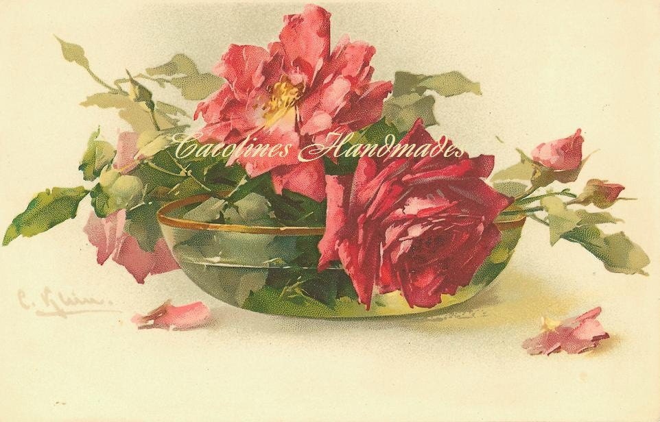 Red Roses In Vase Reproduction Cotton Fabric Art Print 5X8" Applique