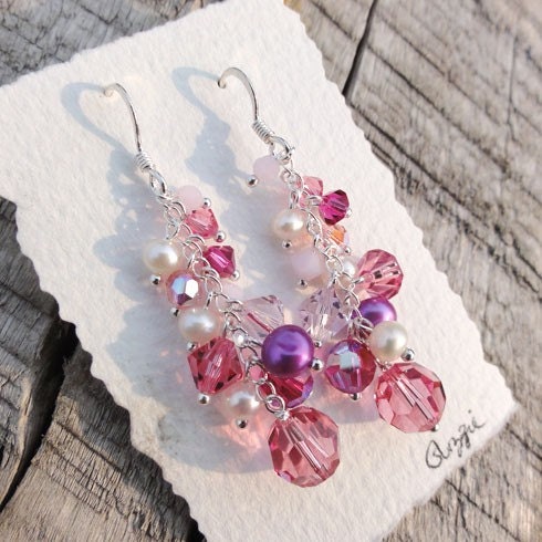 Pink Swarovski Crystal Earrings Sterling Silver