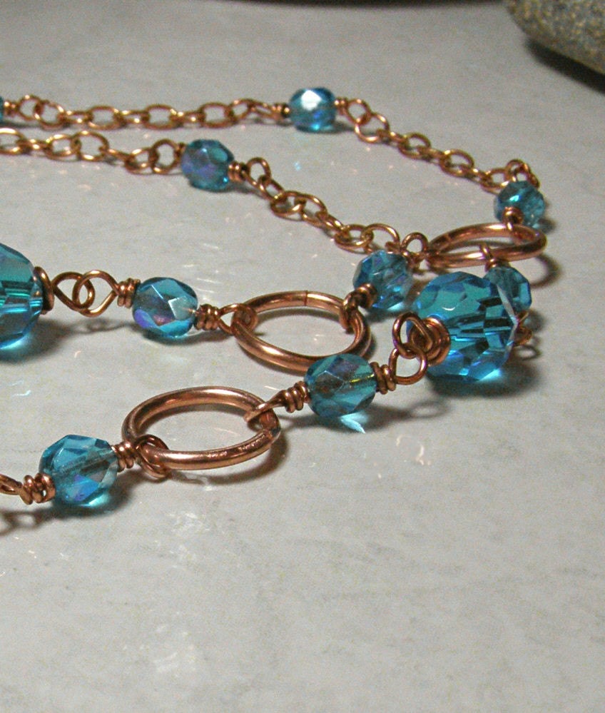 Necklace Copper Rings and Sapphire Blue Glass Beads
