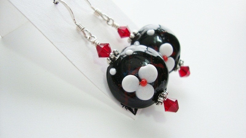 Black Lampwork Flower Earrings FREE Shipping
