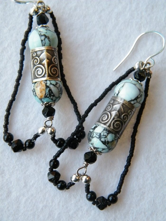 Antique French Art Deco Embellished Turquoise Magnasite Earrings
