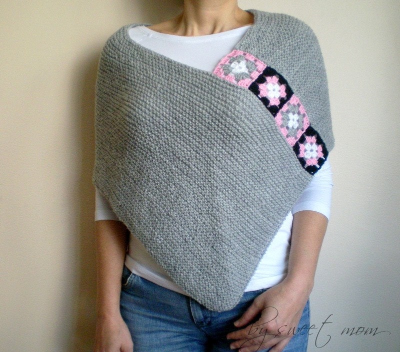 Light Gray Poncho Shawl Capelet with Afghan Motifs Spring Fashion