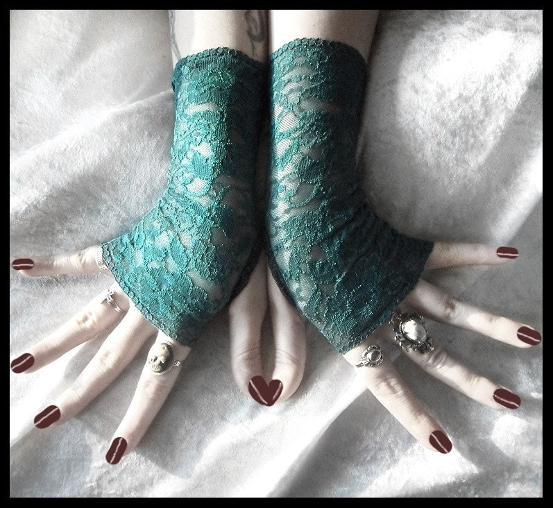 Water Wisp Lace Fingerless Gloves - Teal Turquoise Blue Green Floral - Gothic Vampire Lolita Wedding Fetish Dark Tribal Goth Gypsy Romantic
