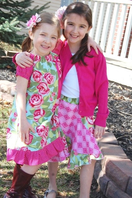 TWO Pieces Twin Big Sister Little Sister Easter Dresses Amy Butler 12mo 2T 3T 4T 5 6 Pink Green Tumbleroses
