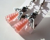 Hematite and Pink Glass Angel Earrings FREE Shipping