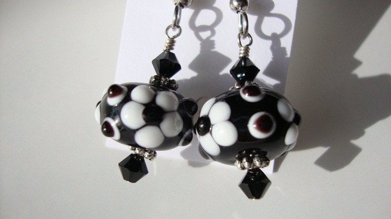 Black and White Elegant Floral Lampwork Glass Chunky Earrings FREE Shipping FREE Sterling Upgrade